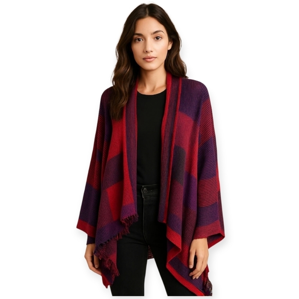 Vintage 1980s Artsy Knit Poncho Red Purple Wool Blend Maximalist Statement Style